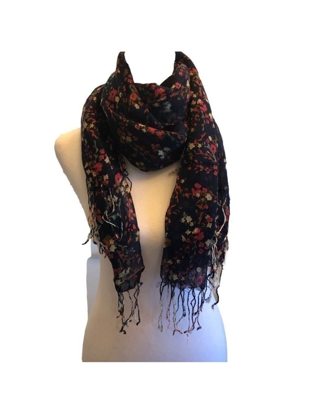 Scarf/wrap. Navy blue background with all over floral print. Lightweight. OS